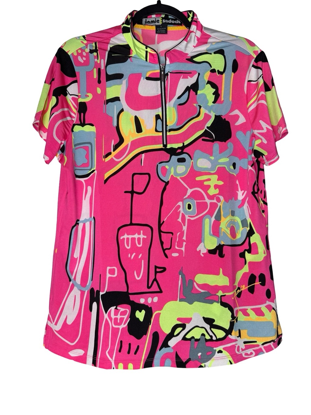 Jamie Sadock Top Sz Large Doodle Pop Art Pink Vibrant Abstract Zip Golf Summer